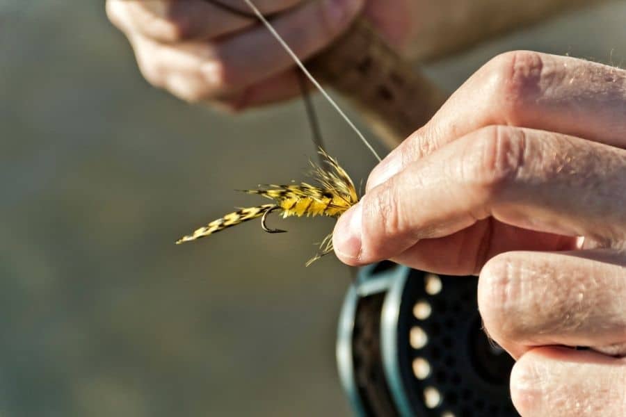 closeup of man’s hands on his fishing rod and a fly