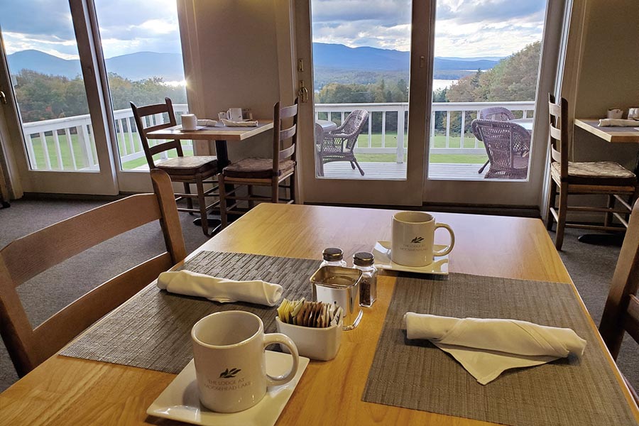 Lodge at Moosehead Lake Inn dining room with a lake view