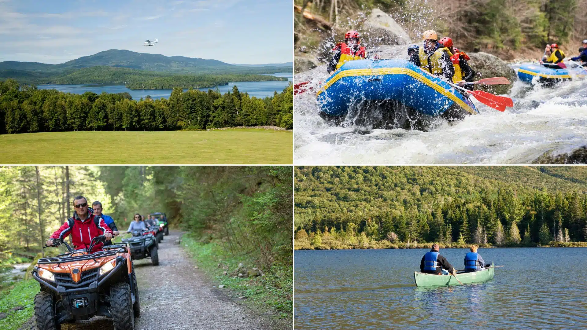 collage of a seaplane ride over Moosehead Lake, white water rafters, ATVers, and a moose 