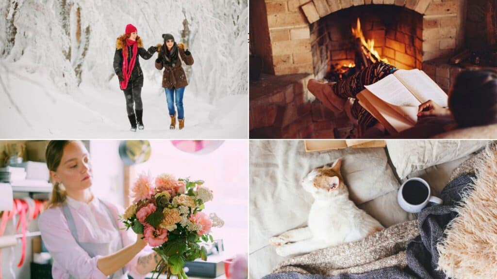 collage of woman arranging flowers, cat sleeping, girls walking in snow, and person reading book by fire