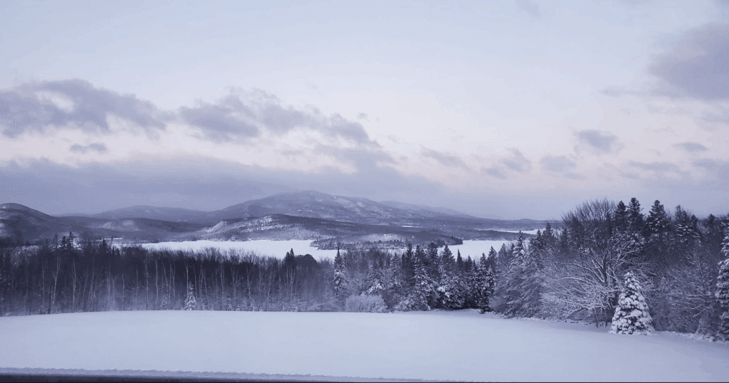 Snow-covered forest and frozen Moosehead Lake at dawn, with soft pink and purple light over distant mountains in Lily Bay State Park, Maine.